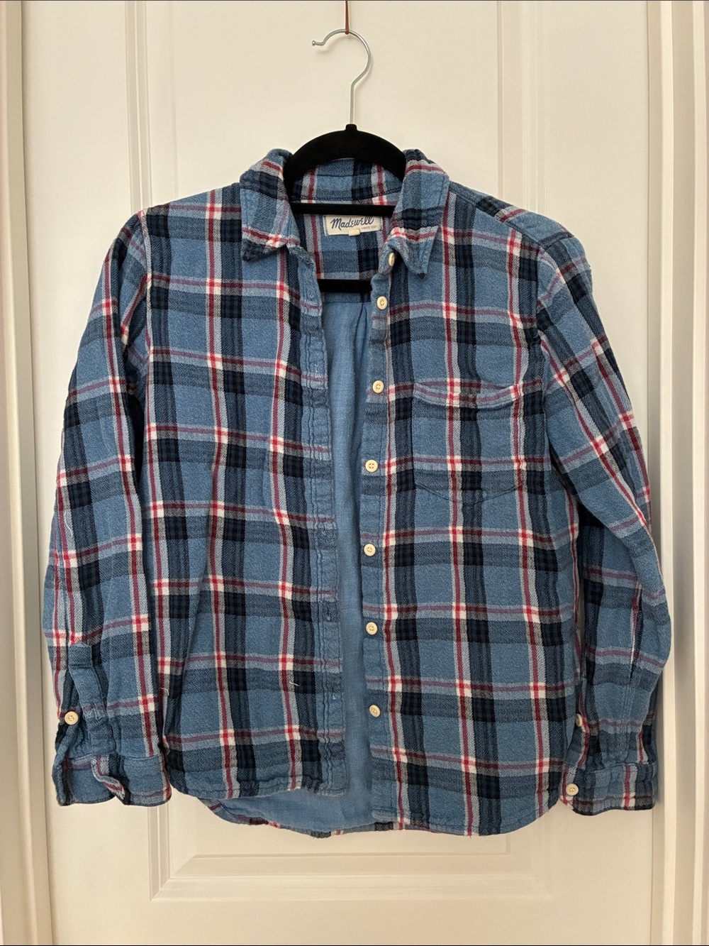 Madewell Blue Plaid Button-Down Shirt with Red Accents